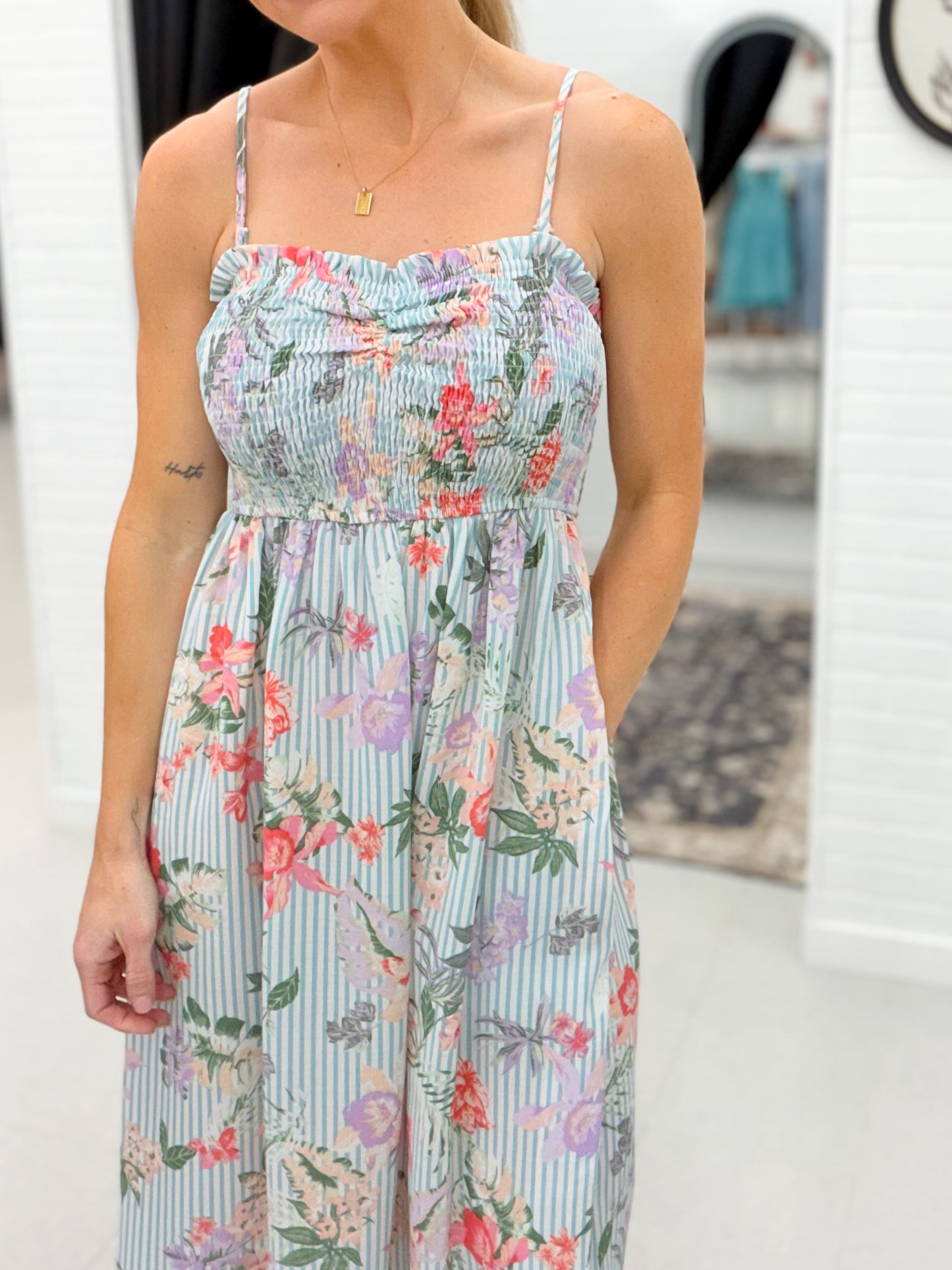 Caribbean Bound Floral Stripe Dress Aqua Large