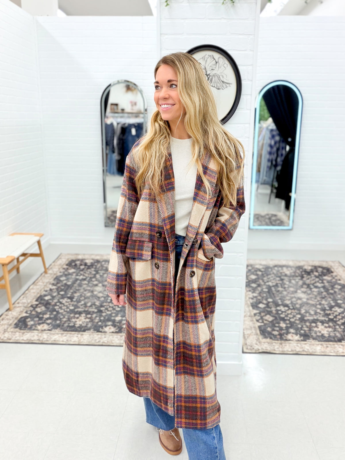 City Lights Multi Color Plaid Long Coat