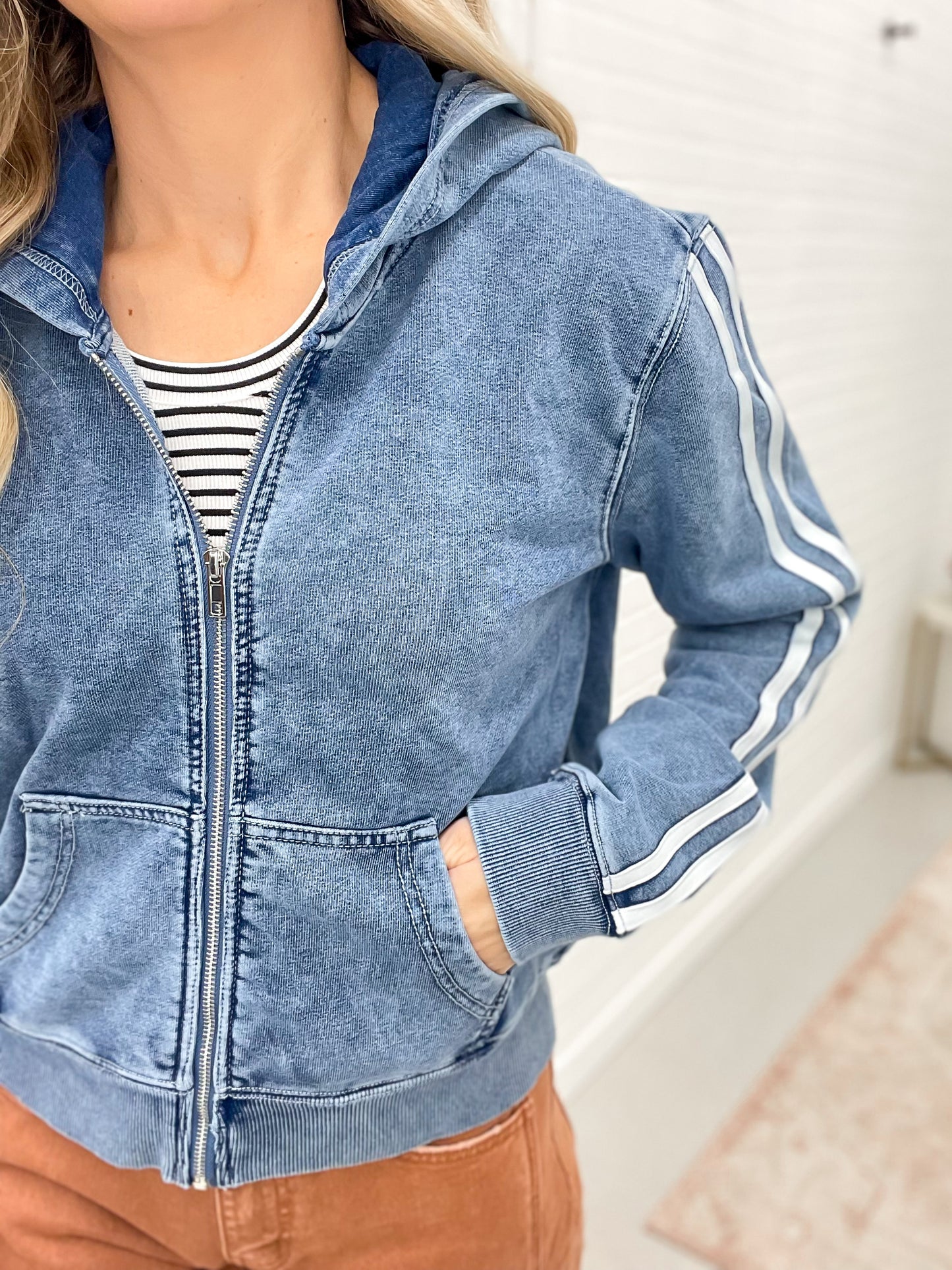 Going The Distance Varsity Stripe Zip Up Jacket Denim Wash