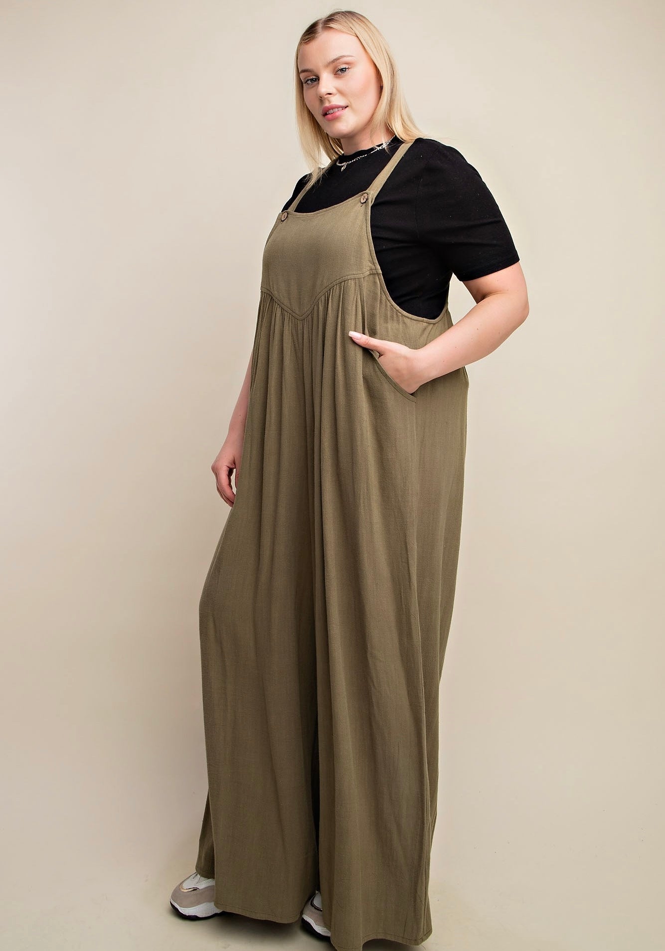 Wishful Thinking Linen Overalls Olive Extended