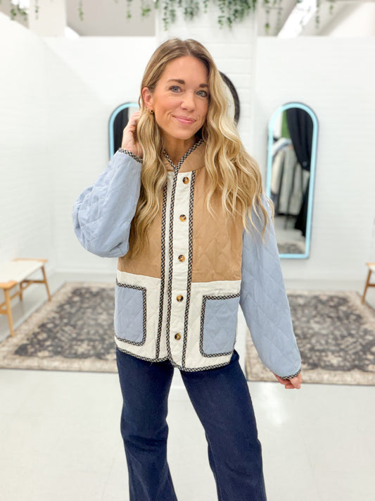 Hang On Quilted Color Block Button Jacket Taupe/Blue