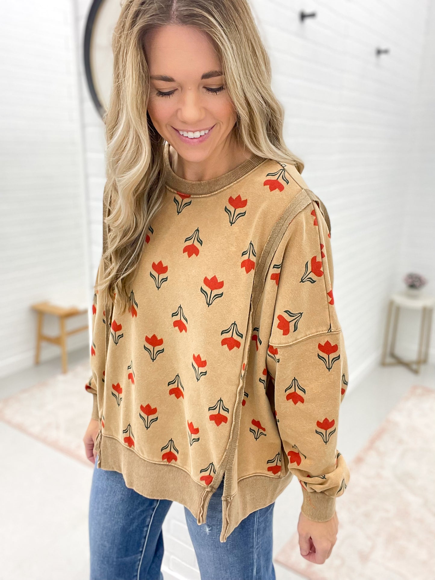 Rooted In Flower Print Mineral Wash Pullover Camel