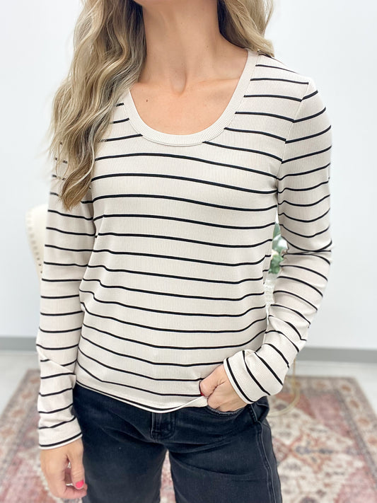 The Lauren Ribbed Top Birch Black Stripe
