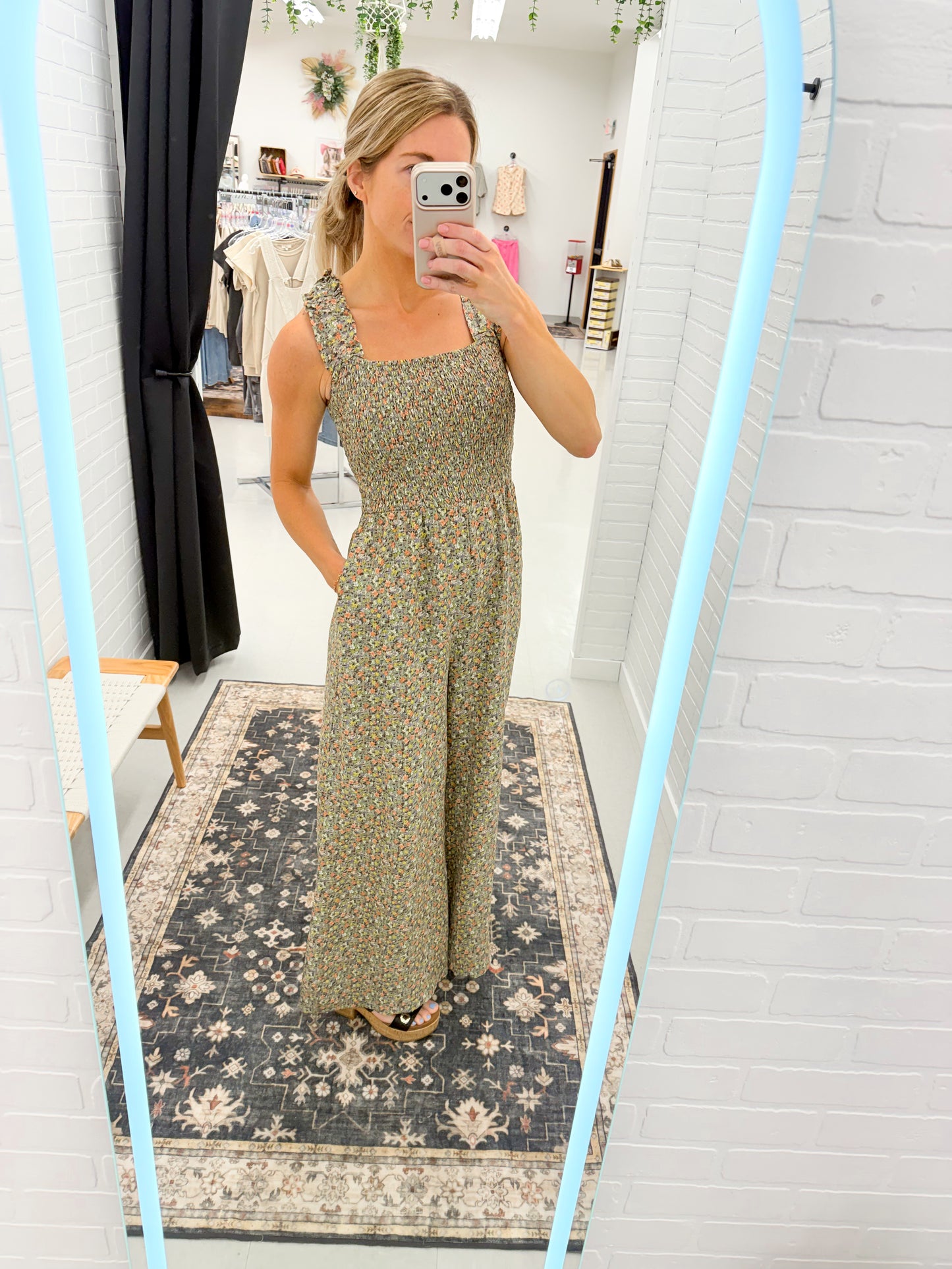 Never Better Ditsy Floral Smocked Wide Leg Jumpsuit Sage Large