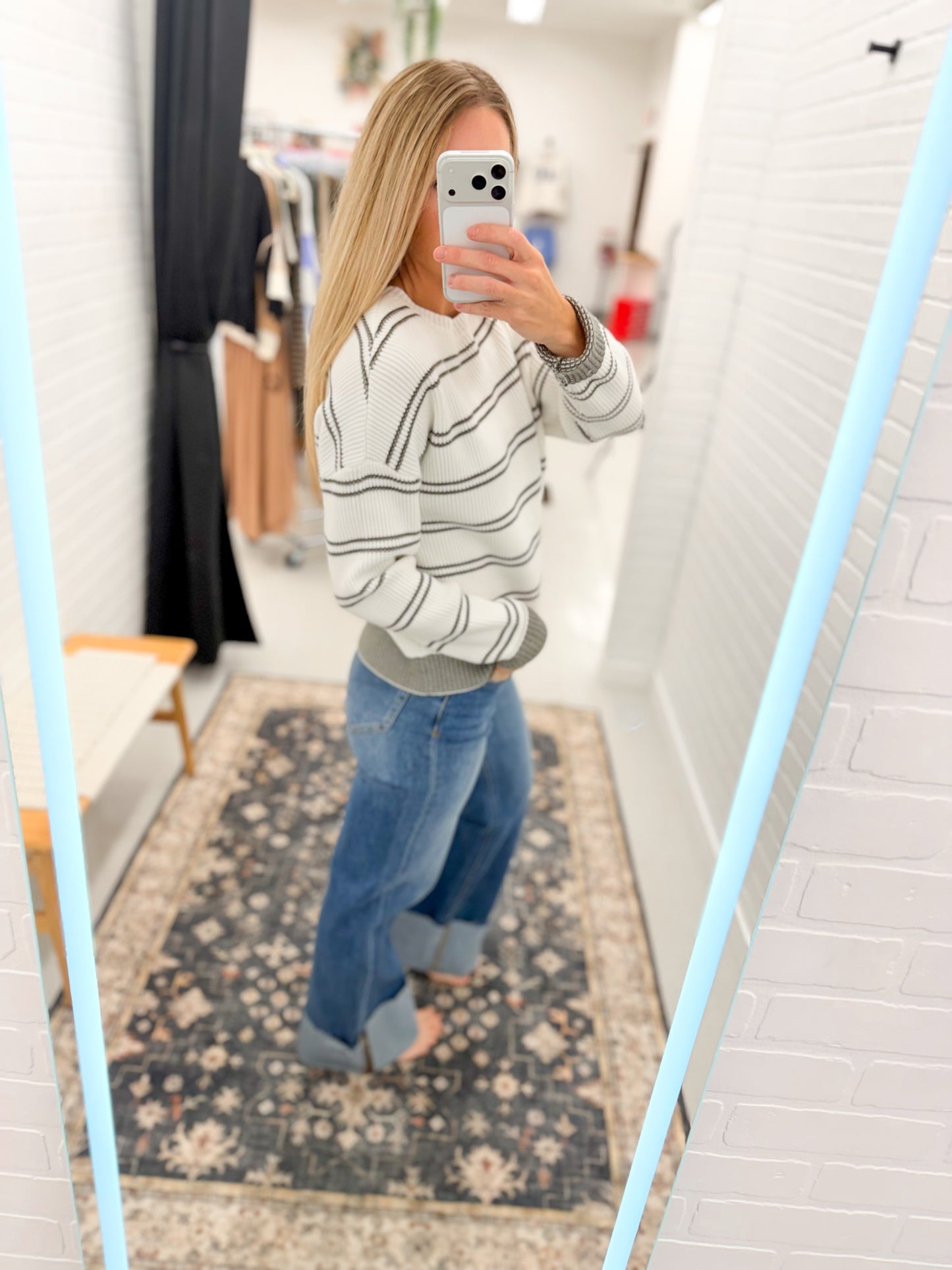 The Ely Sweater Ivory Olive Stripe