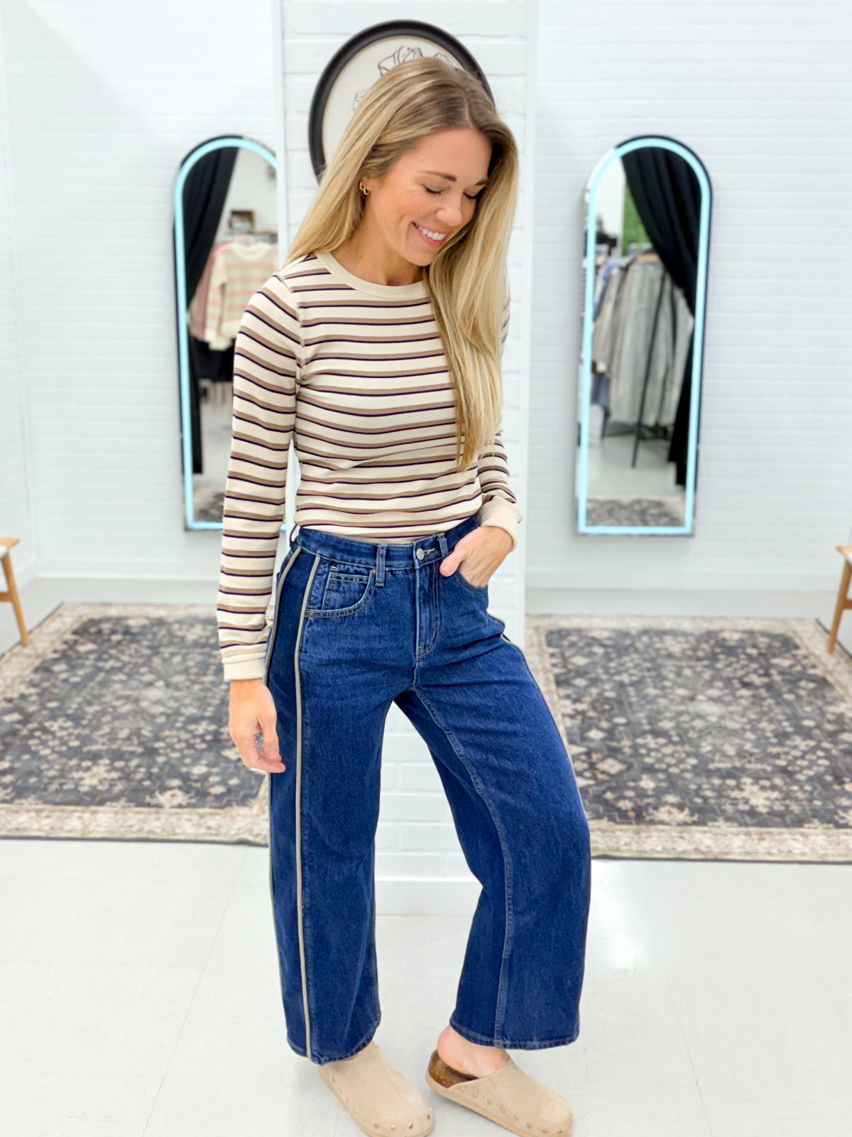The Victoria High Rise Side Panel Barrel Jeans Dark Wash