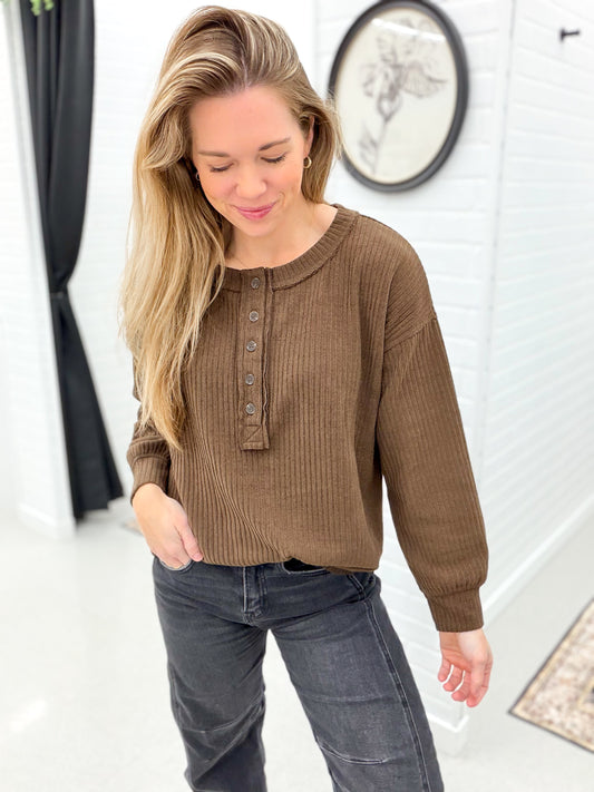Take A Chance Ribbed Henley Top Dark Brown