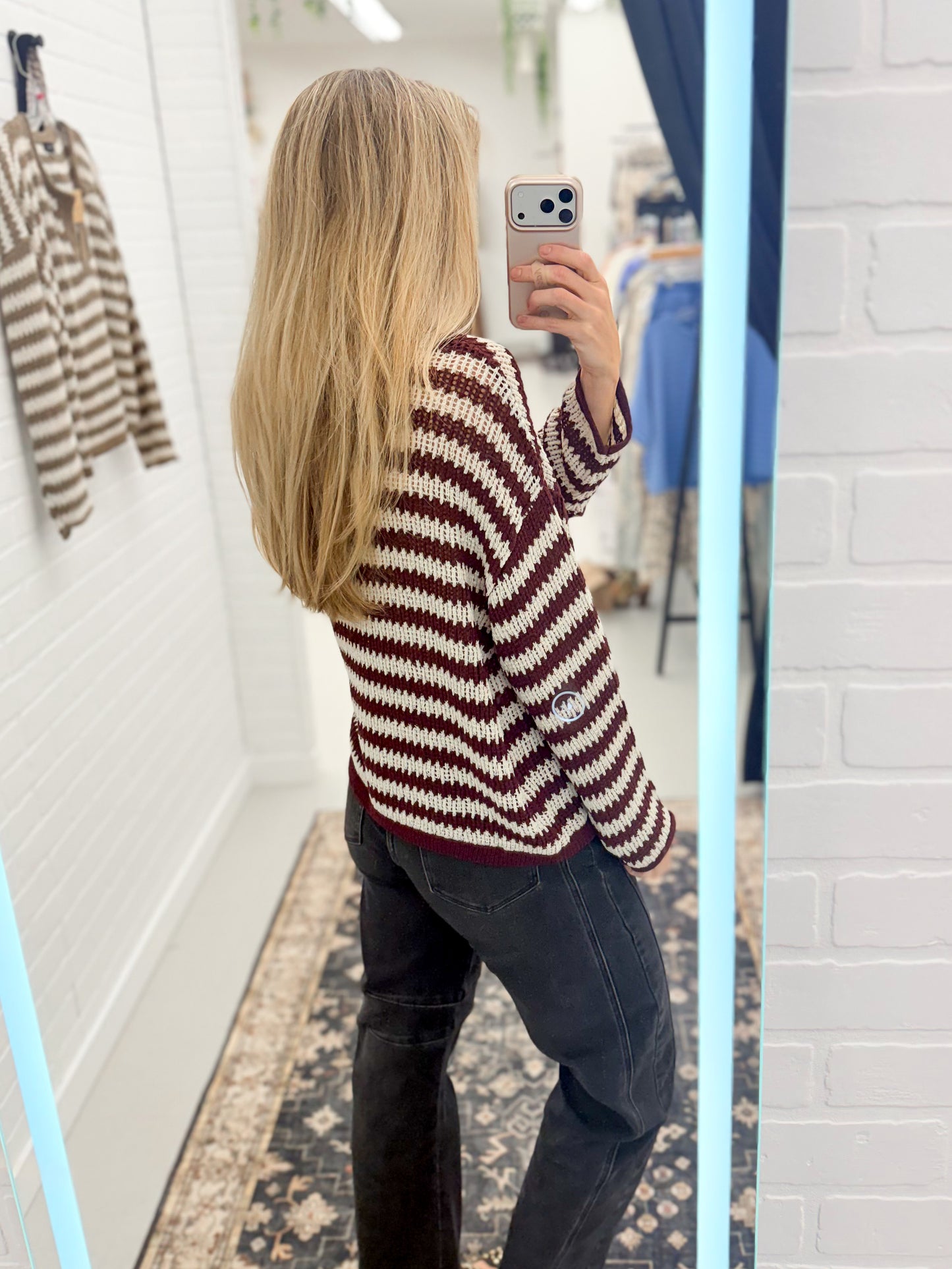 Never Ending Split Neck Knit Stripe Sweater Burgundy