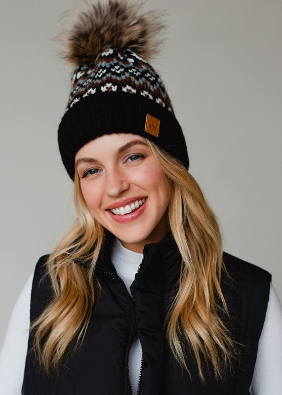 Black White And Brown Winter Pattern Pom Beanie Hat