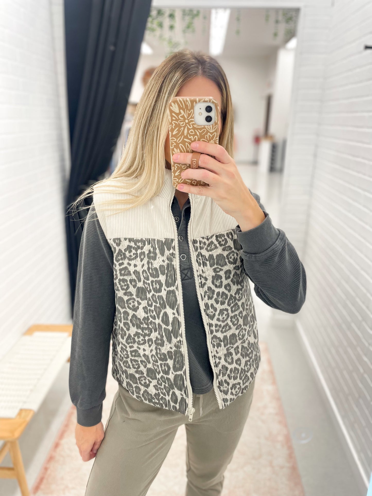 Around Here Leopard Print Corduroy Detail Puffer Vest Oatmeal