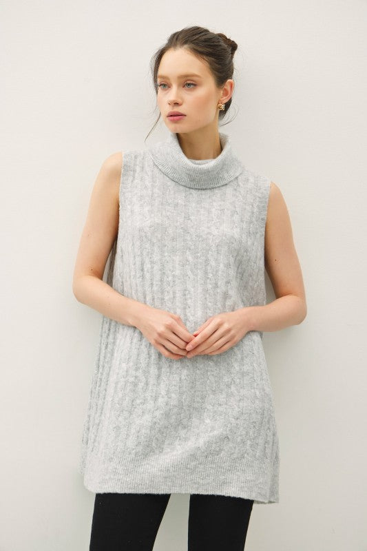 Good Day Cable Knit Cowl Neck Sleeveless Sweater Tunic Gray
