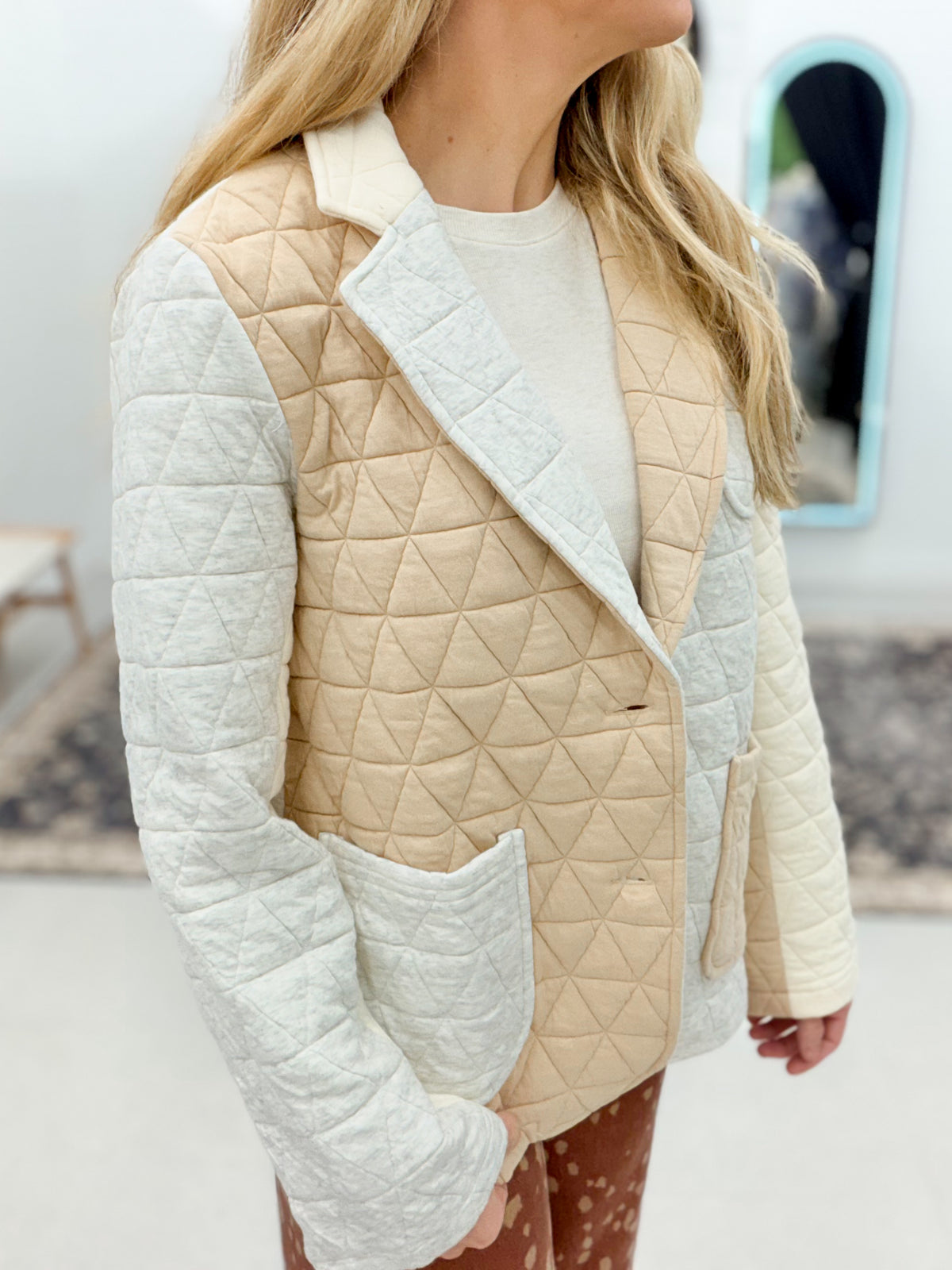 Here Now Quilted Color Block Sport Coat Oatmeal/Latte