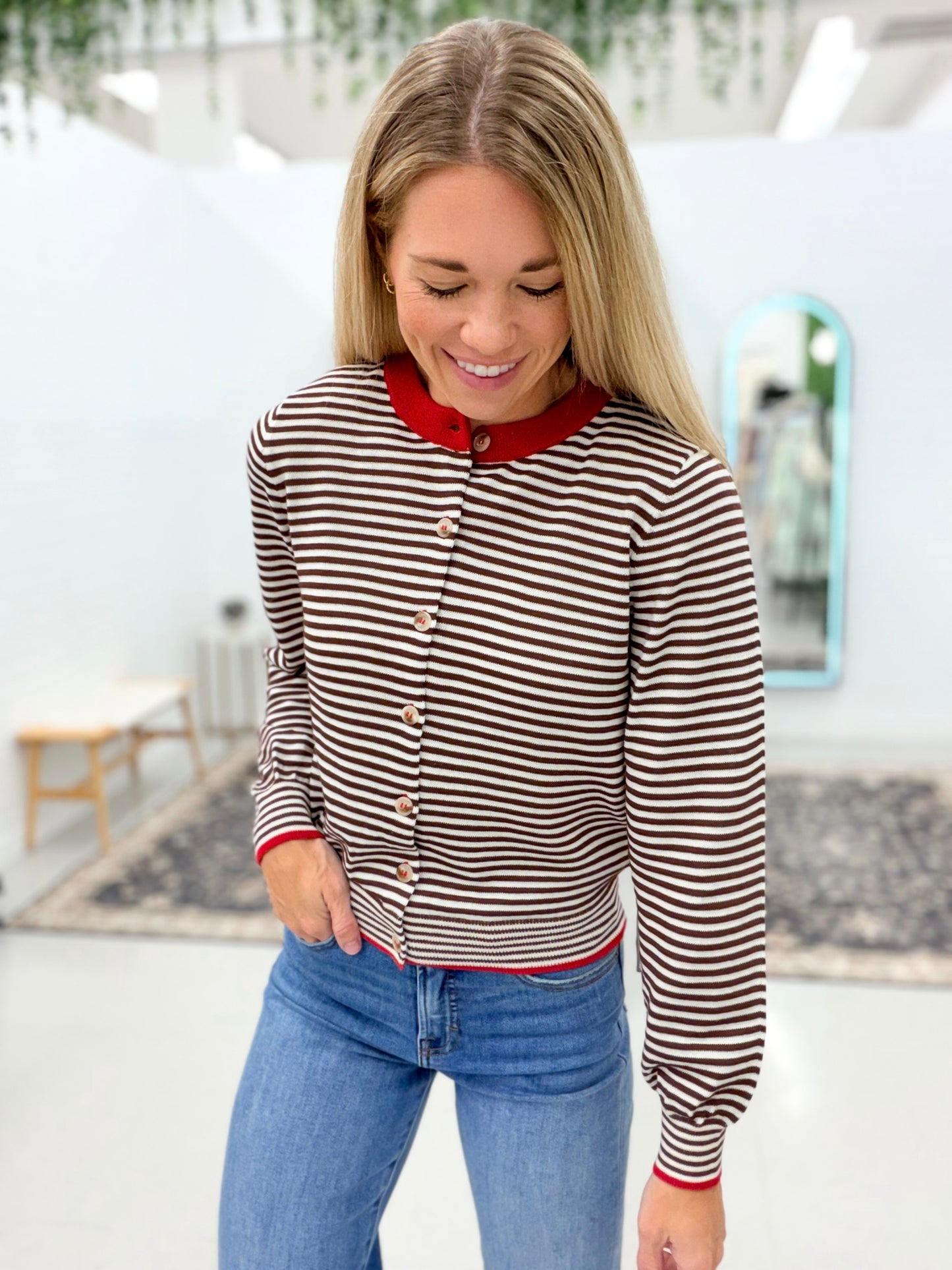 By Now Stripe Button Cardigan Chocolate Brown