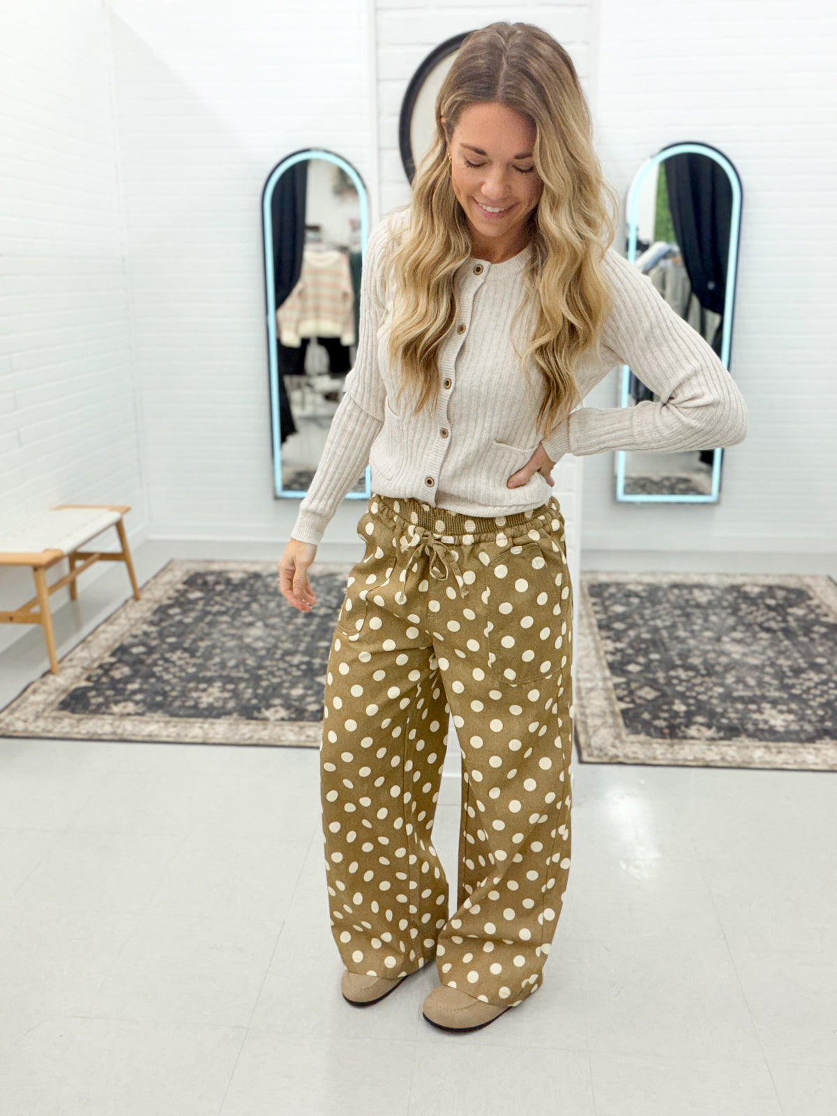 On Trend Wide Leg Polka Dot Pants Taupe