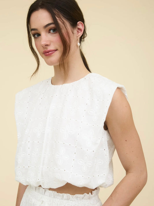 Evermore Eyelet Balloon Hem Blouse White