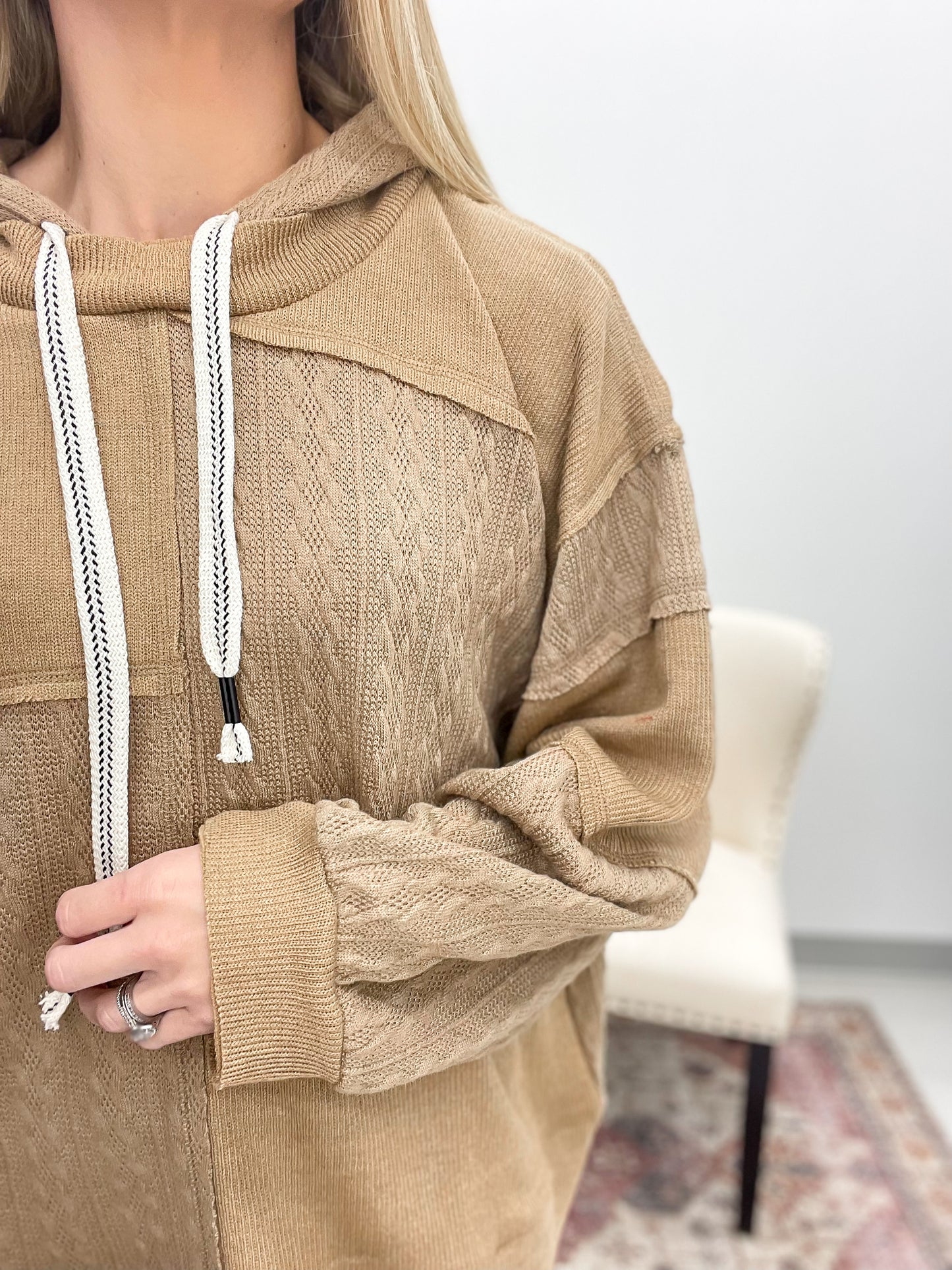 Every Reason Mixed Fabric Hooded Pullover Mocha