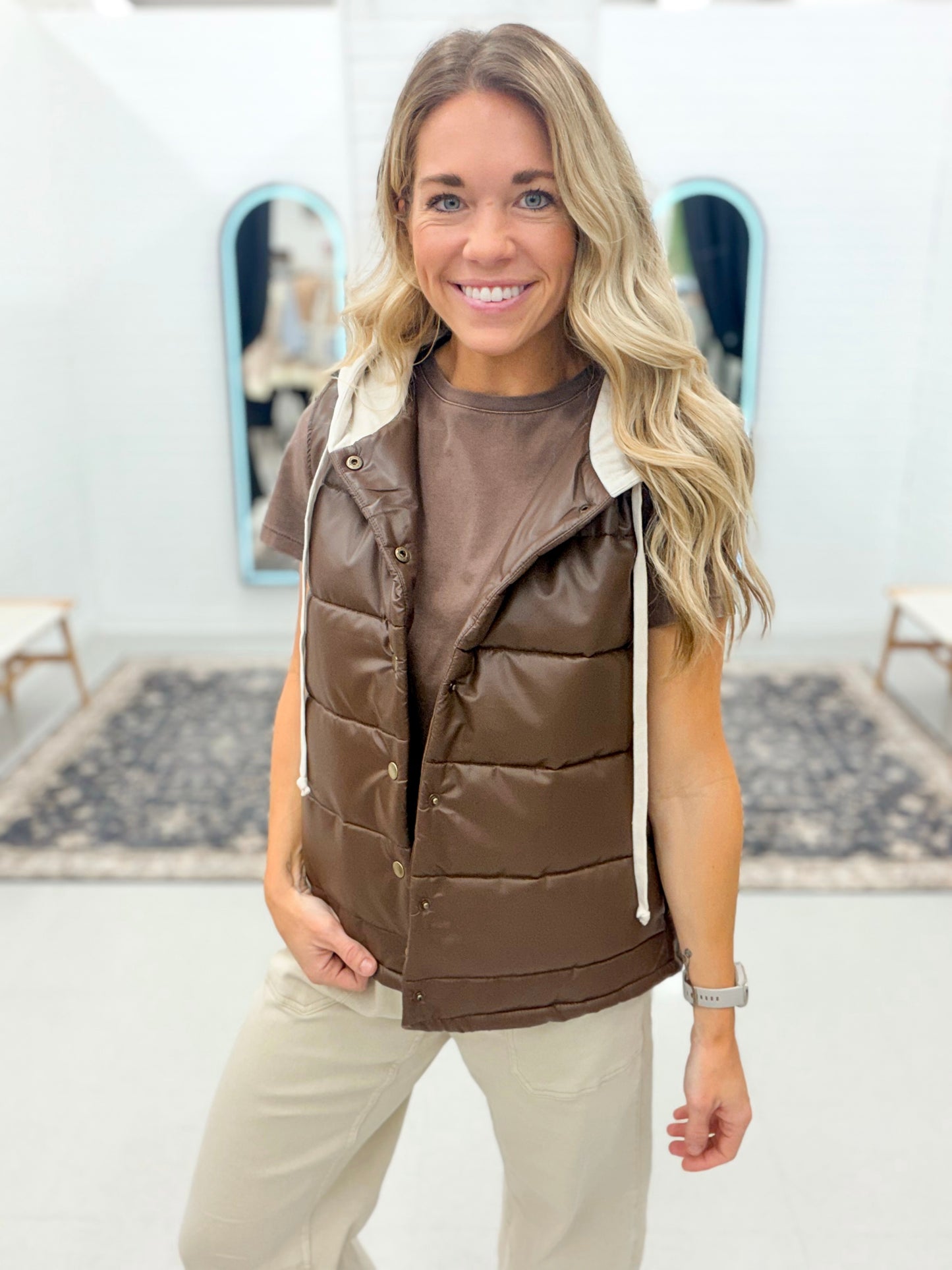 Nowhere Fast Faux Leather Hooded Puffer Vest Brown