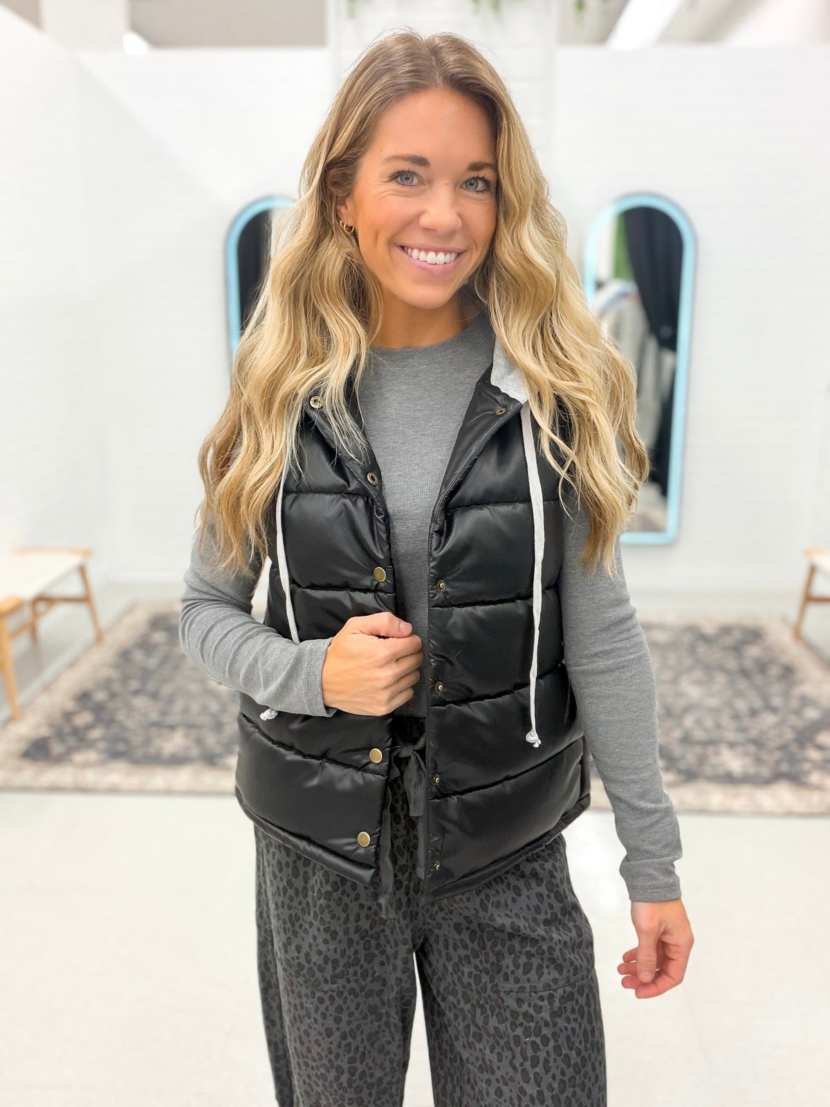 Nowhere Fast Faux Leather Hooded Puffer Vest Black