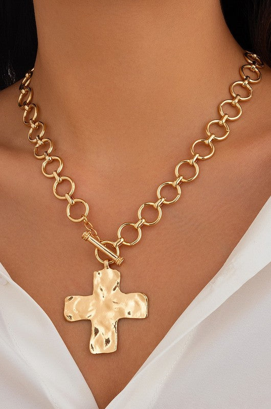 Hammered Cross Front Toggle Necklace Gold