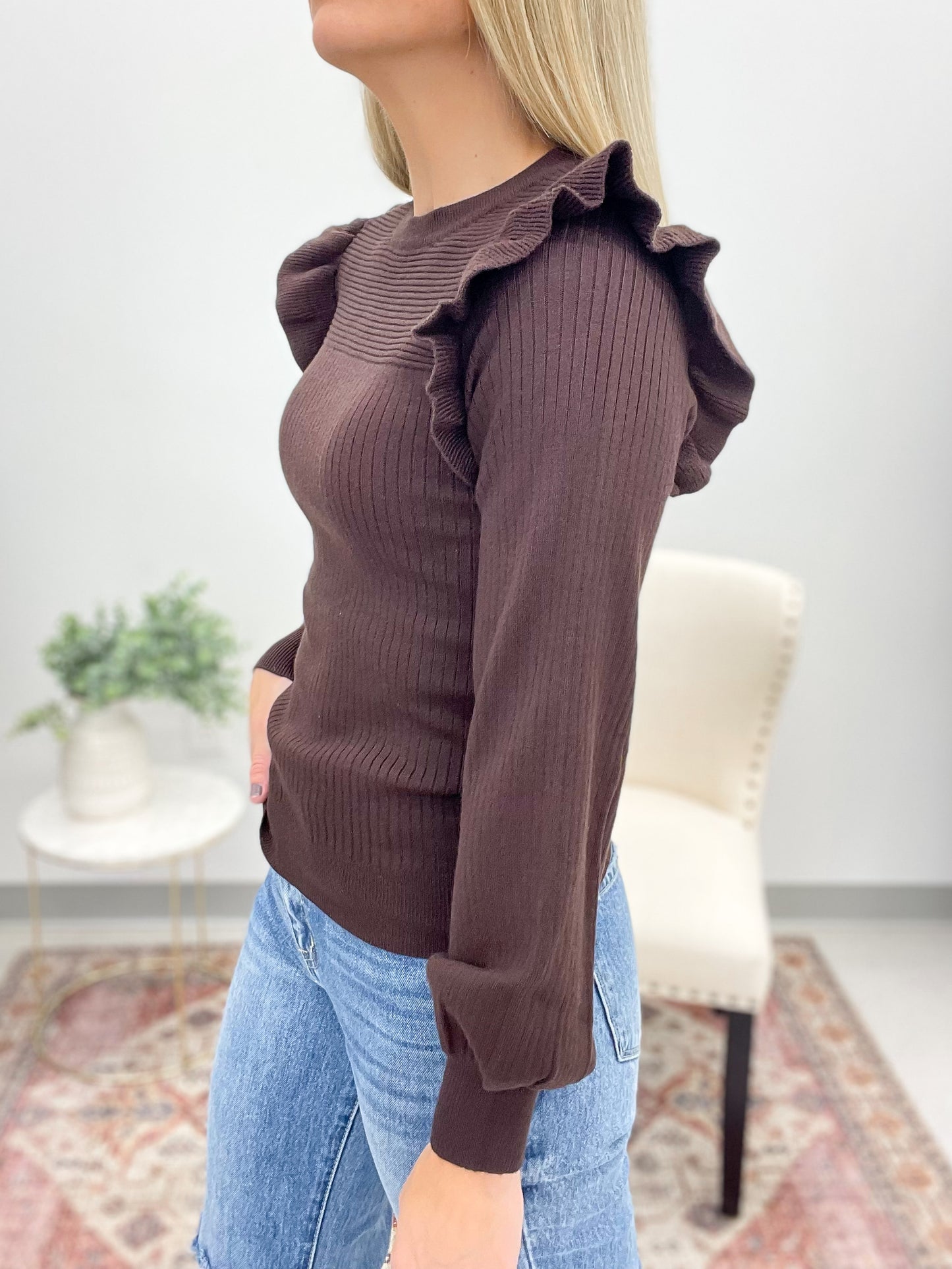 Trending Up Ruffle Detail Ribbed Sweater Brown