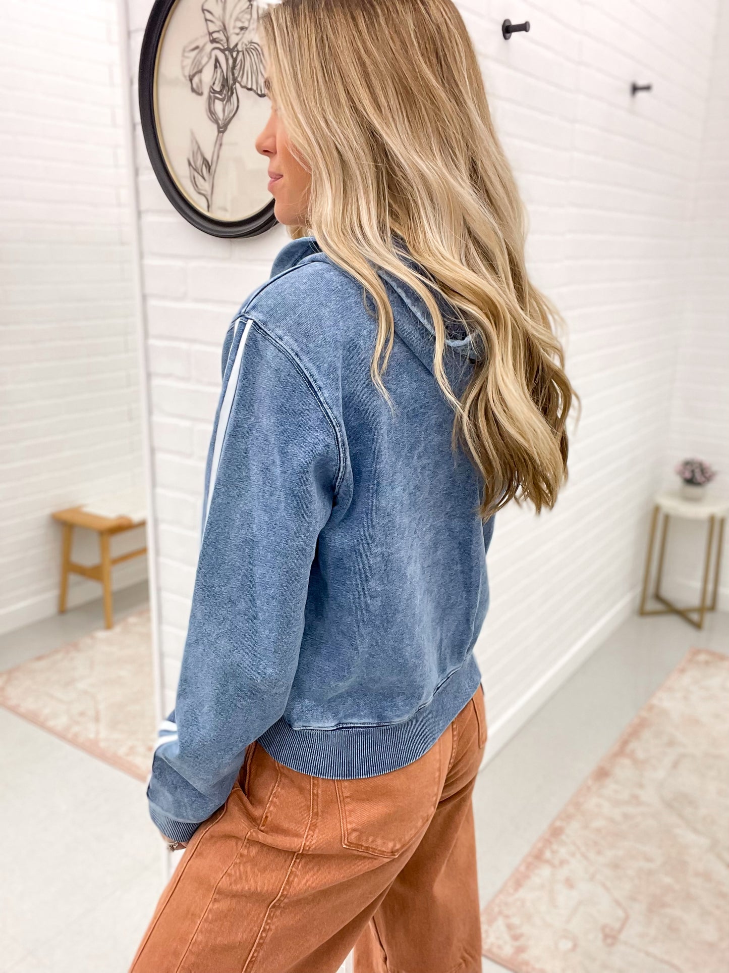 Going The Distance Varsity Stripe Zip Up Jacket Denim Wash
