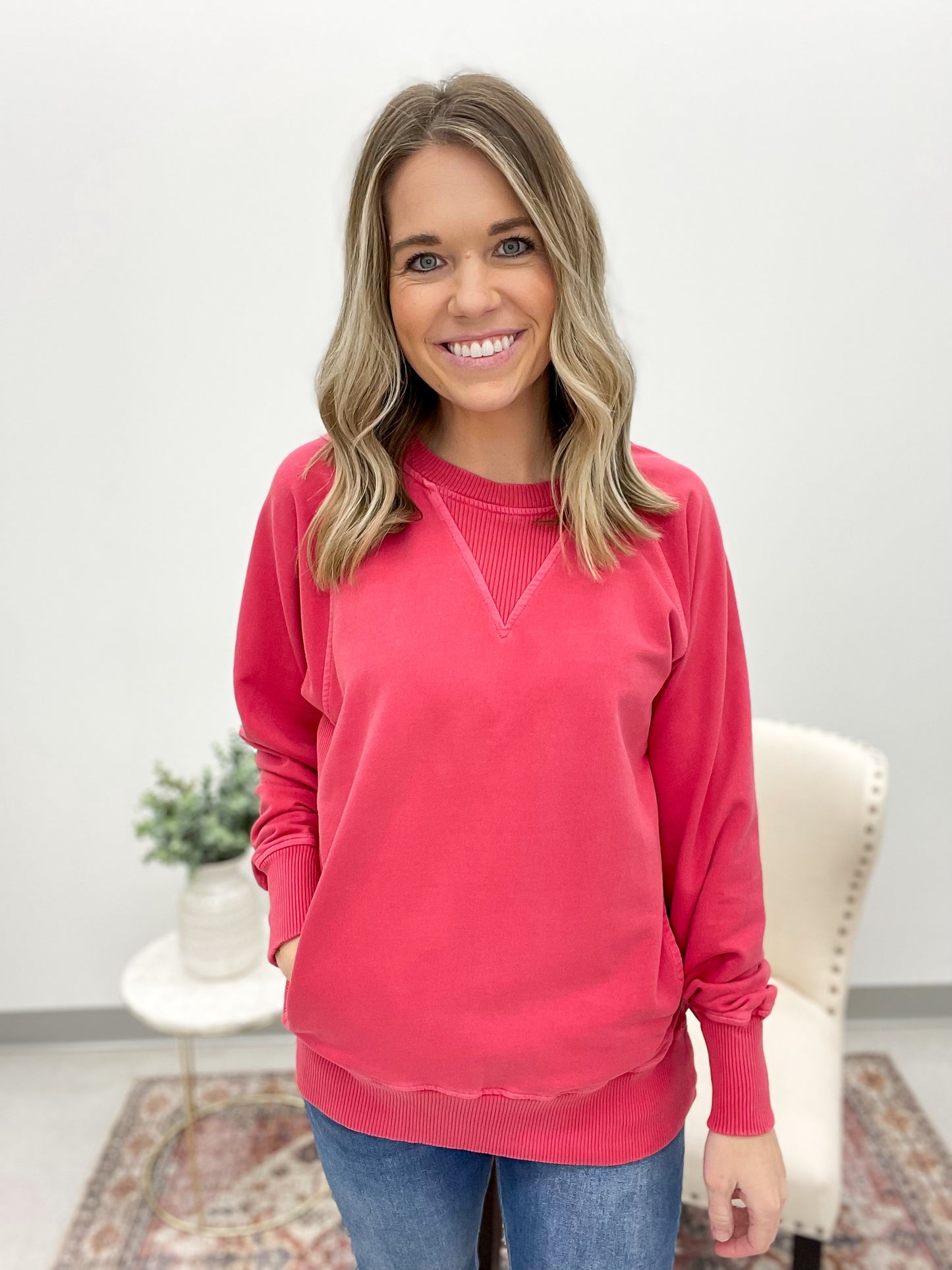 Every Day Essential Washed Pullover Dark Pink XL