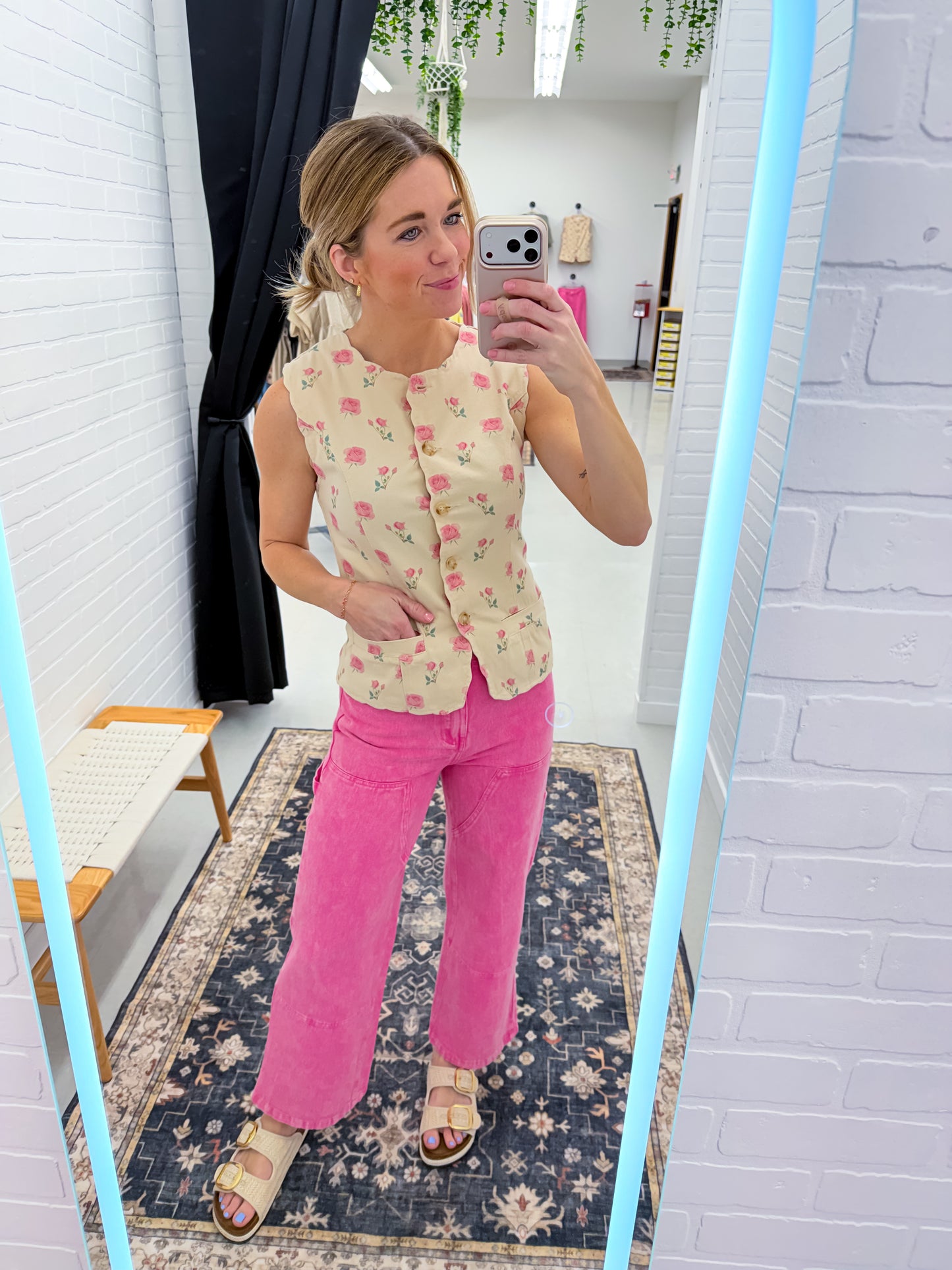 For You Floral Rose Scallop Button Down Vest Ivory/Pink