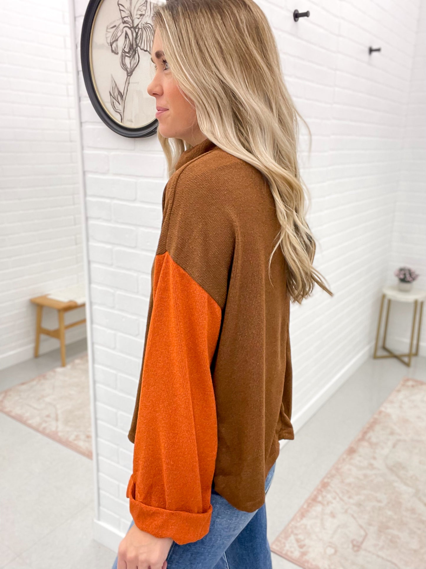 Giving Thanks Color Block Mock Neck Knit Sweater Brown