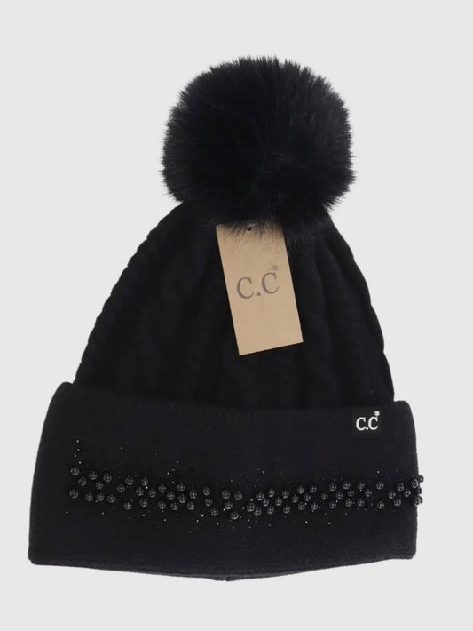 C.C Pearl Embellished Pom Beanie Black