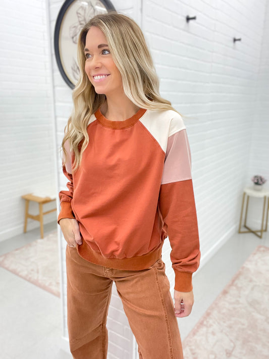 She Could Be Color Block Pullover Washed Brick