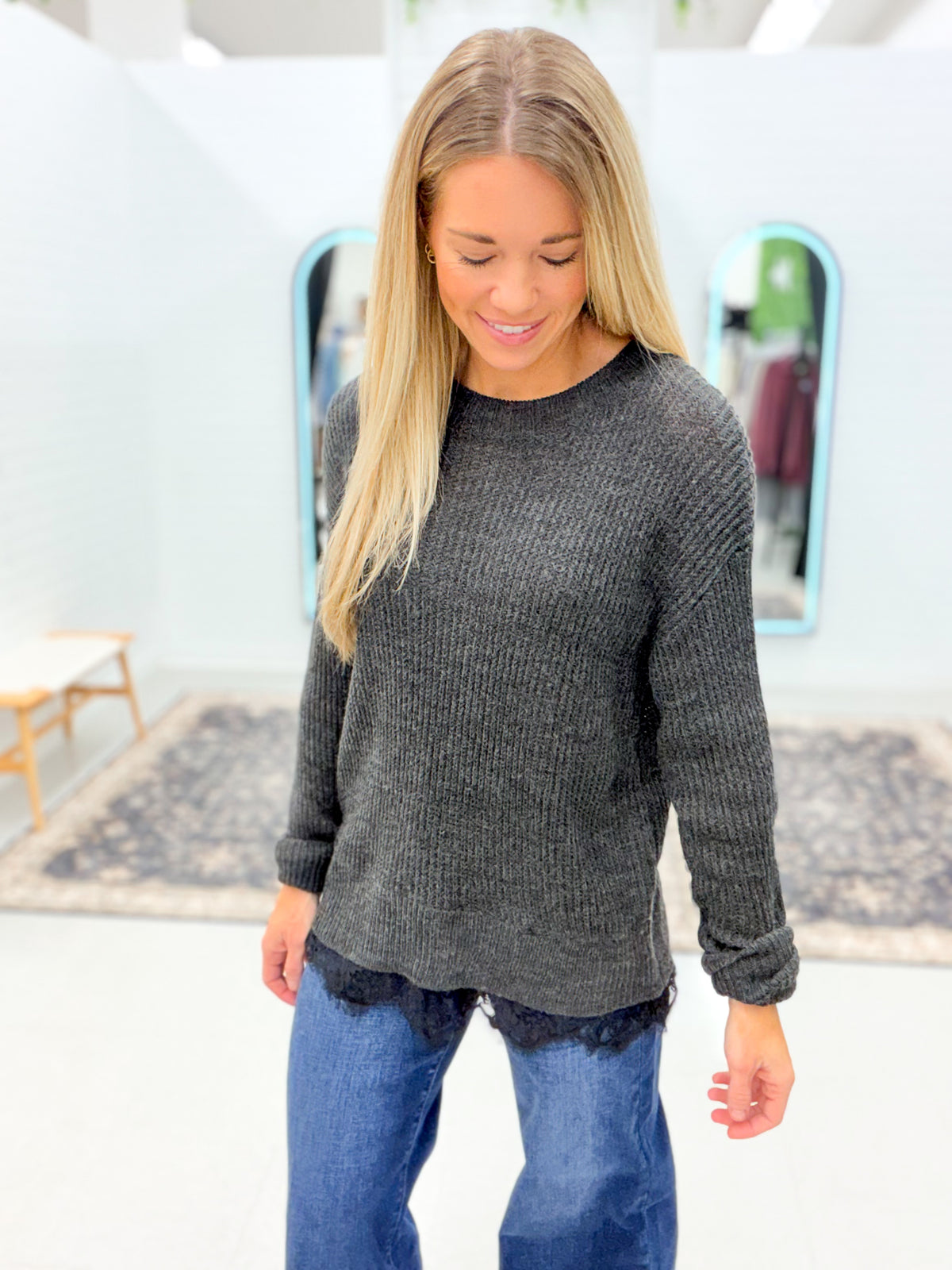 Never Ending Crewneck Lace Trim Sweater Charcoal
