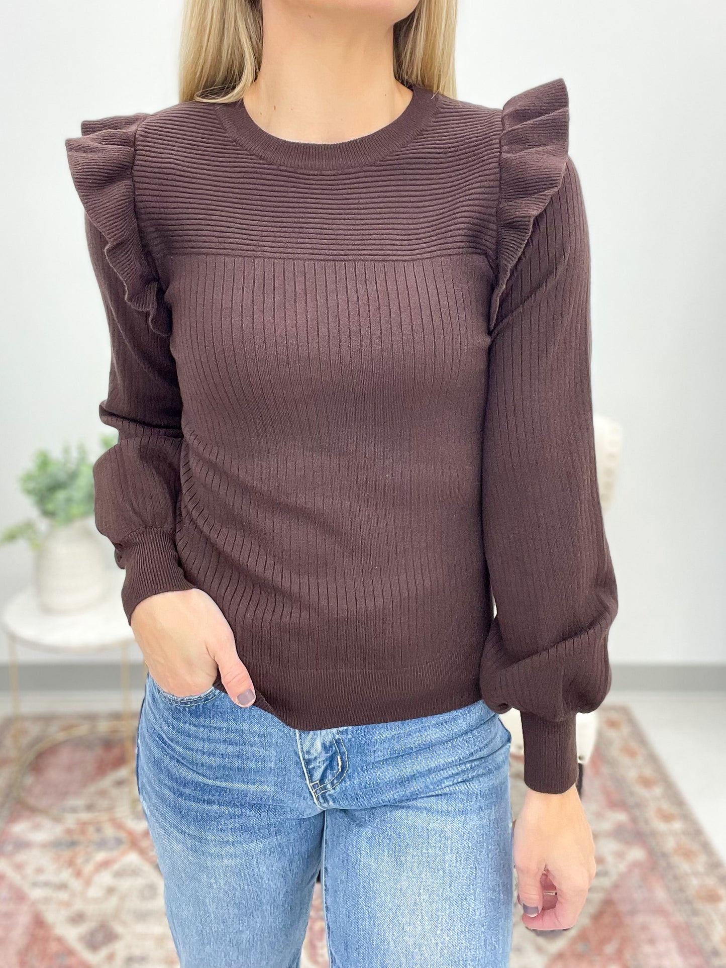 Trending Up Ruffle Detail Ribbed Sweater Brown