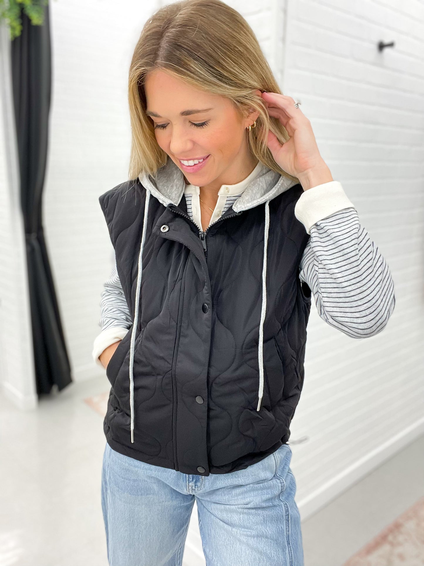 Maybe Not Quilted Hooded Vest Black