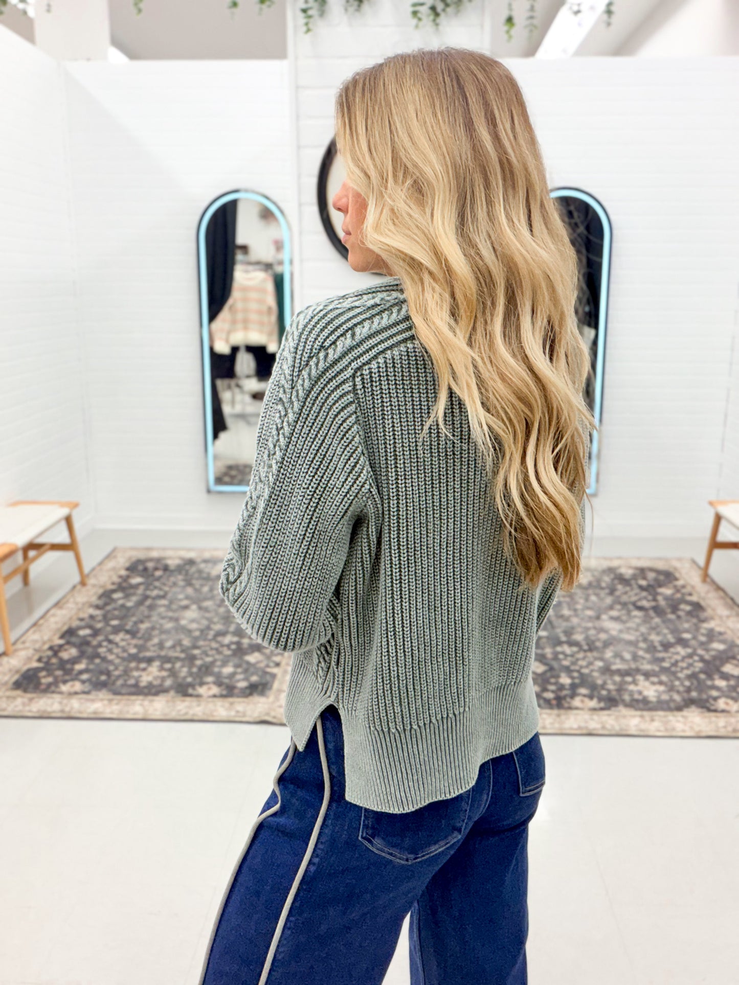 Lost Time Mineral Wash Cable Knit Sweater Green