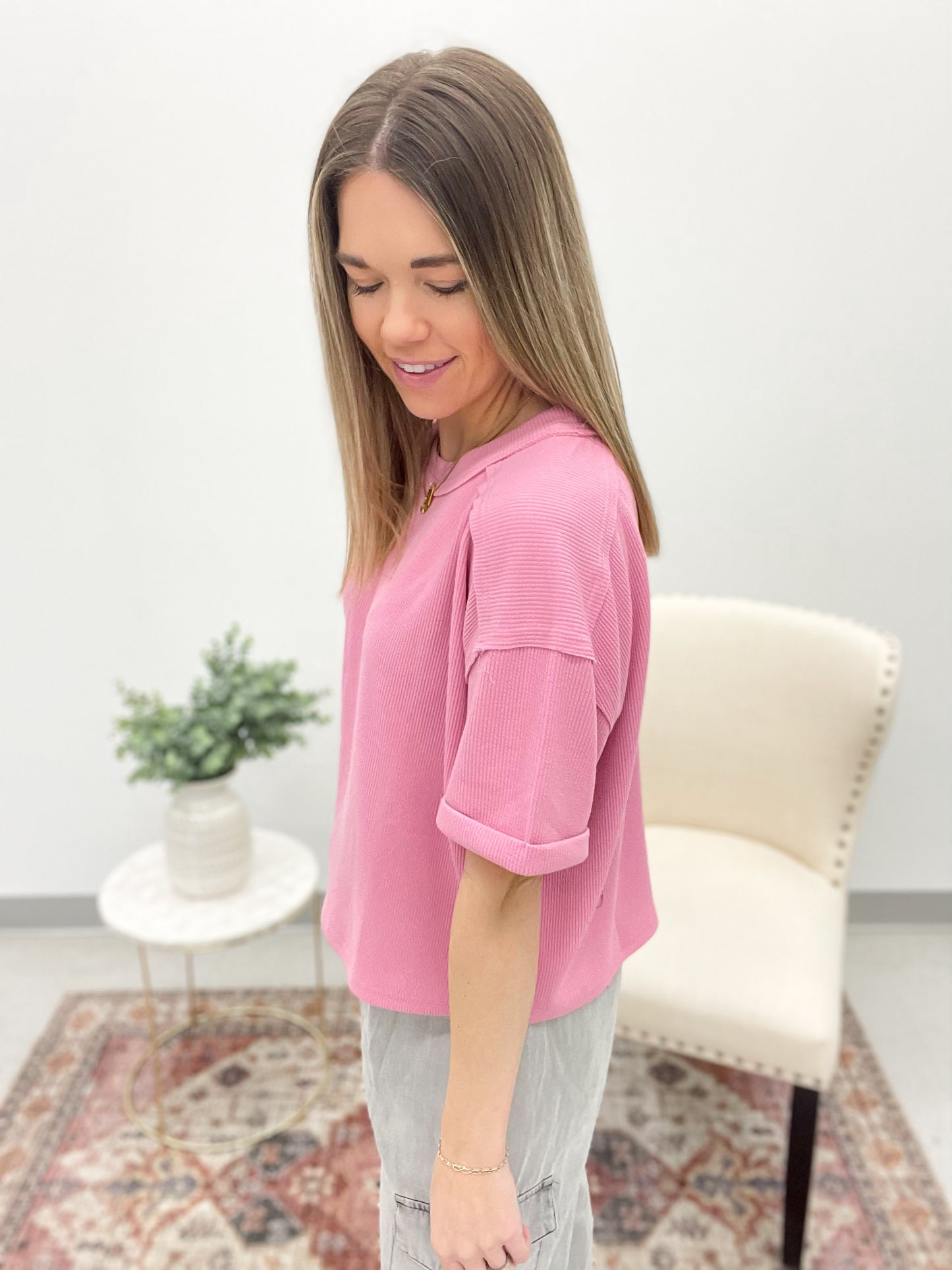 Passing By Thermal Knit Top Pink