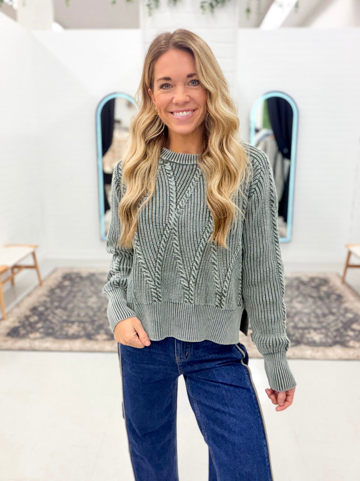 Lost Time Mineral Wash Cable Knit Sweater Green