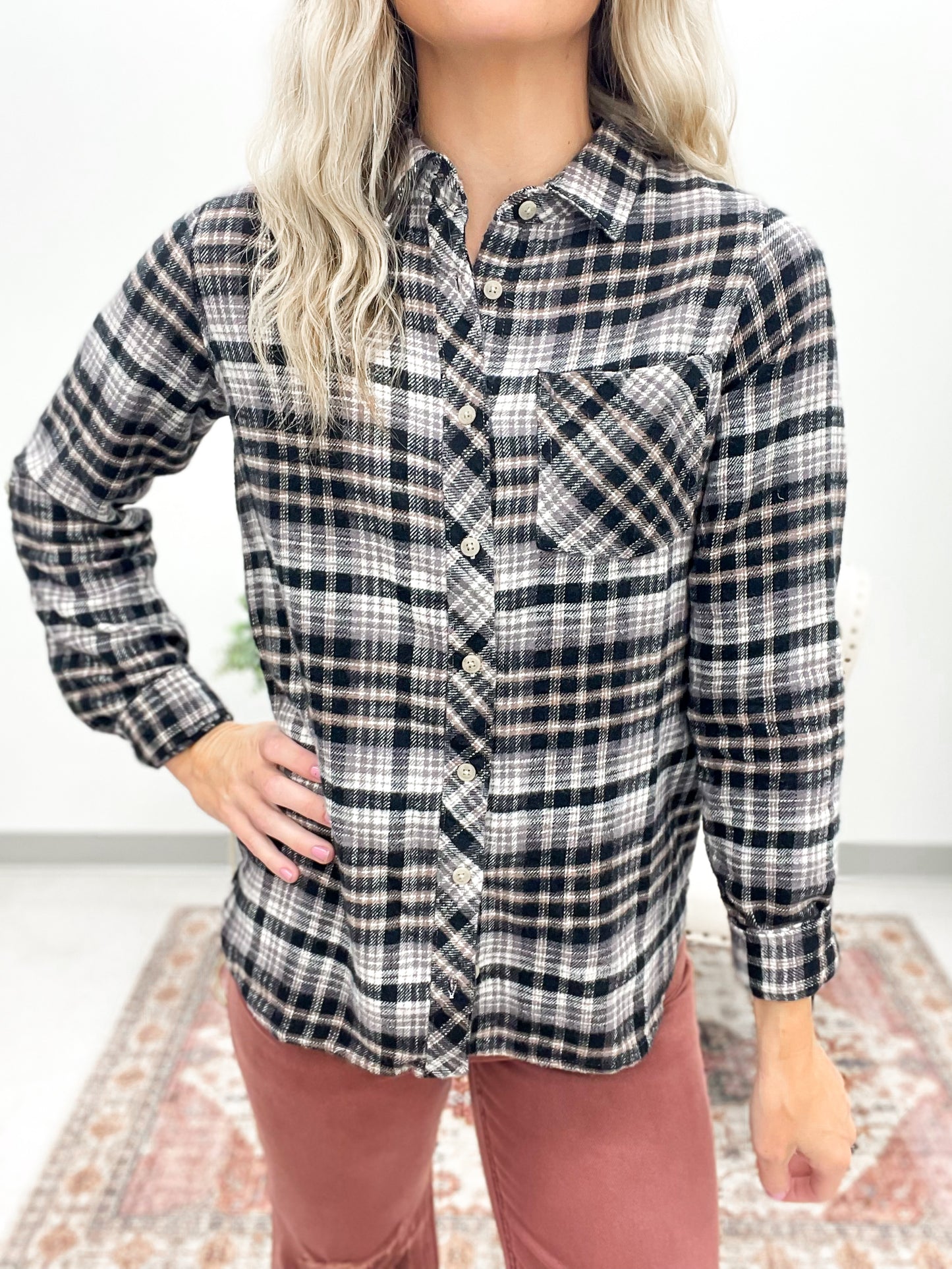 The Miley Plaid Flannel Top Cream Black