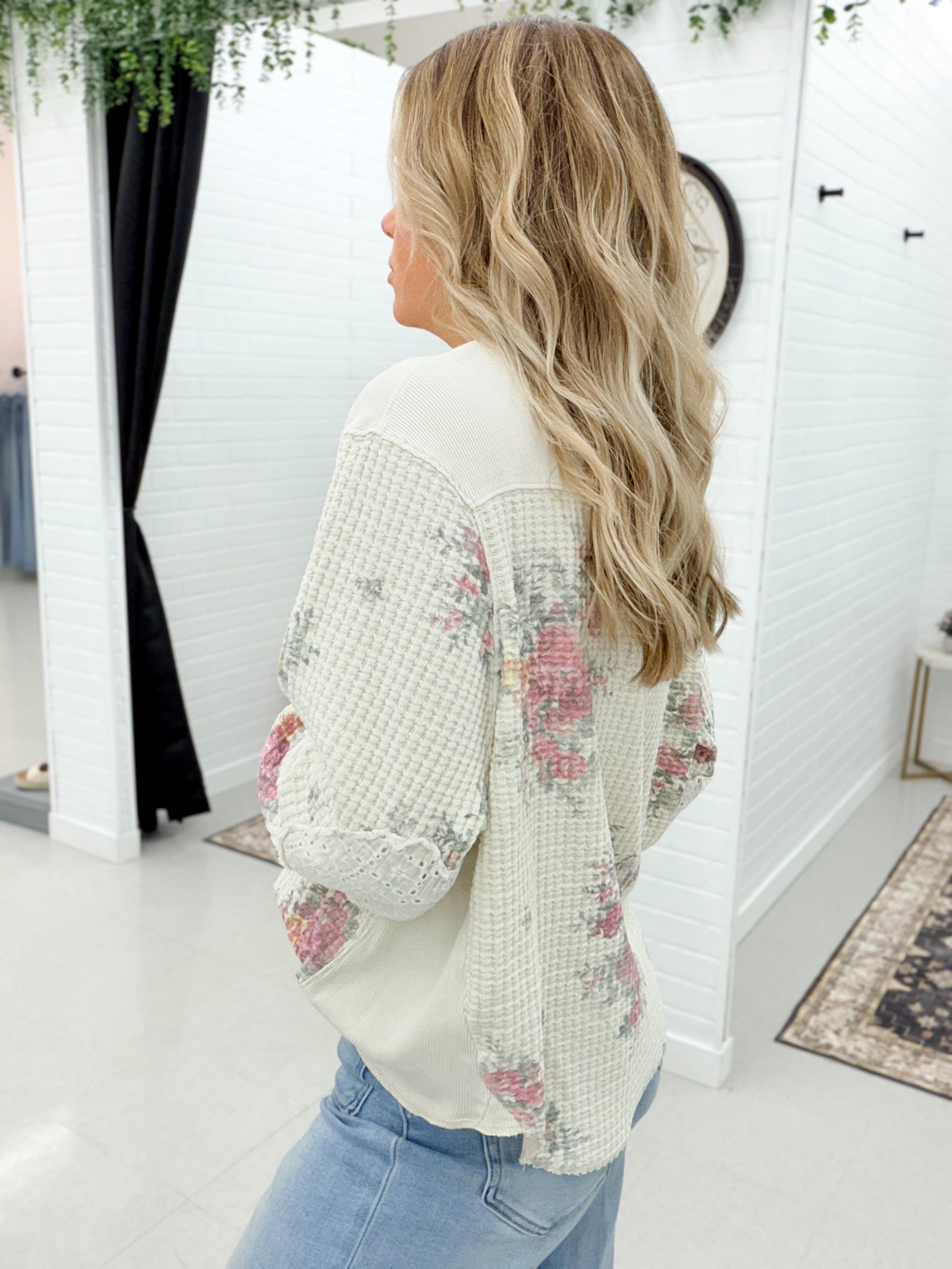 Wild Things Floral Print Thermal Knit Top Cream