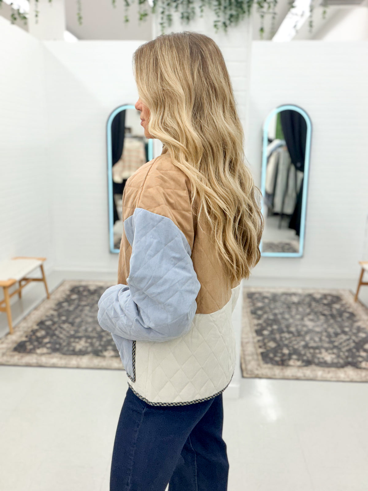 Hang On Quilted Color Block Button Jacket Taupe/Blue