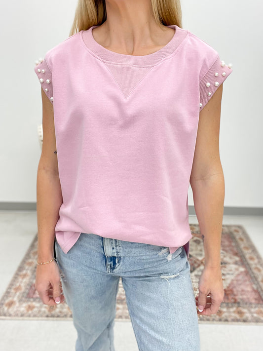 Encore Pearl Sleeve Detail Top Blush