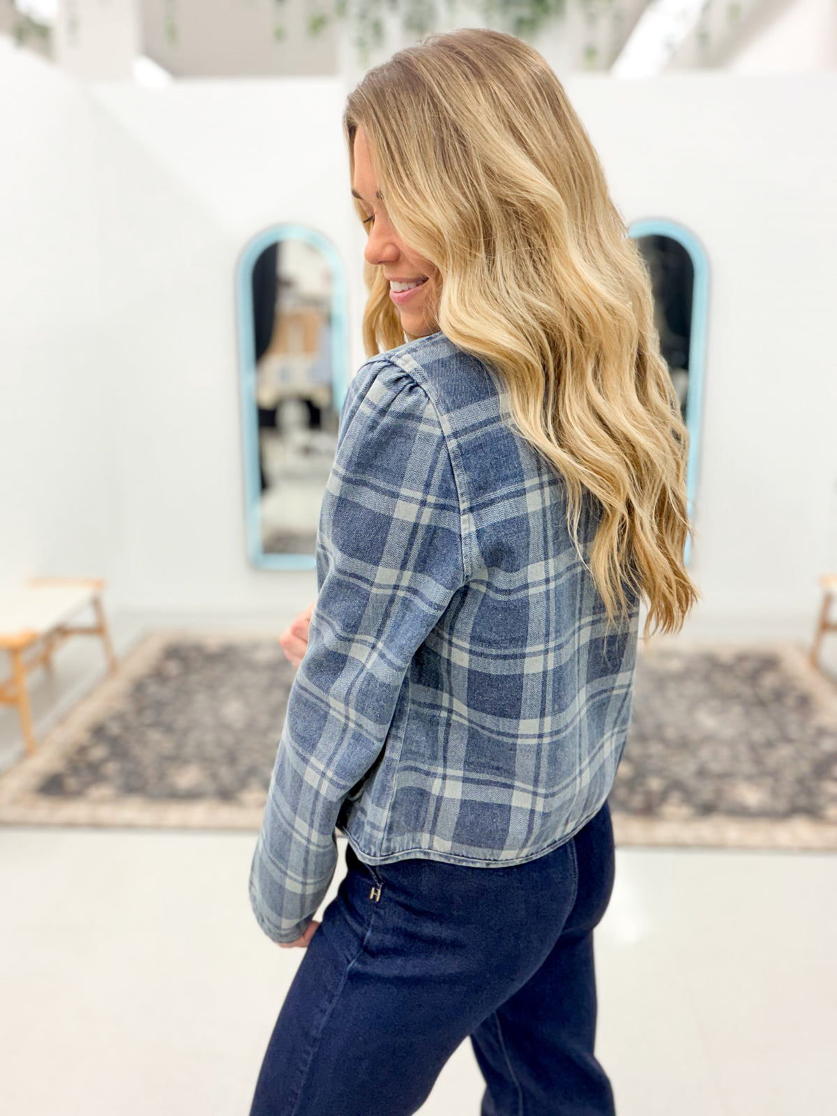 Stay Chic Denim Plaid Button Front Jacket