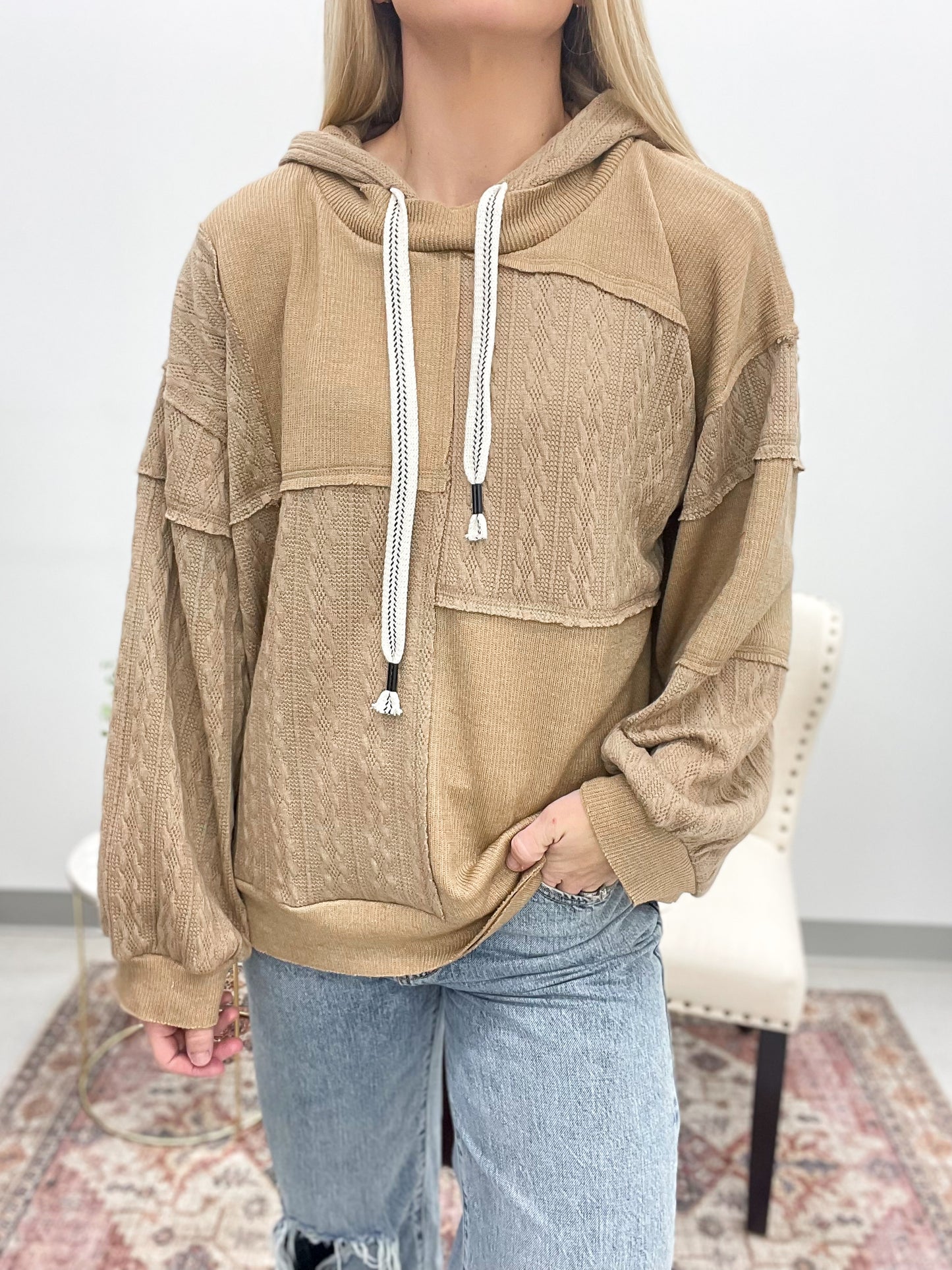 Every Reason Mixed Fabric Hooded Pullover Mocha