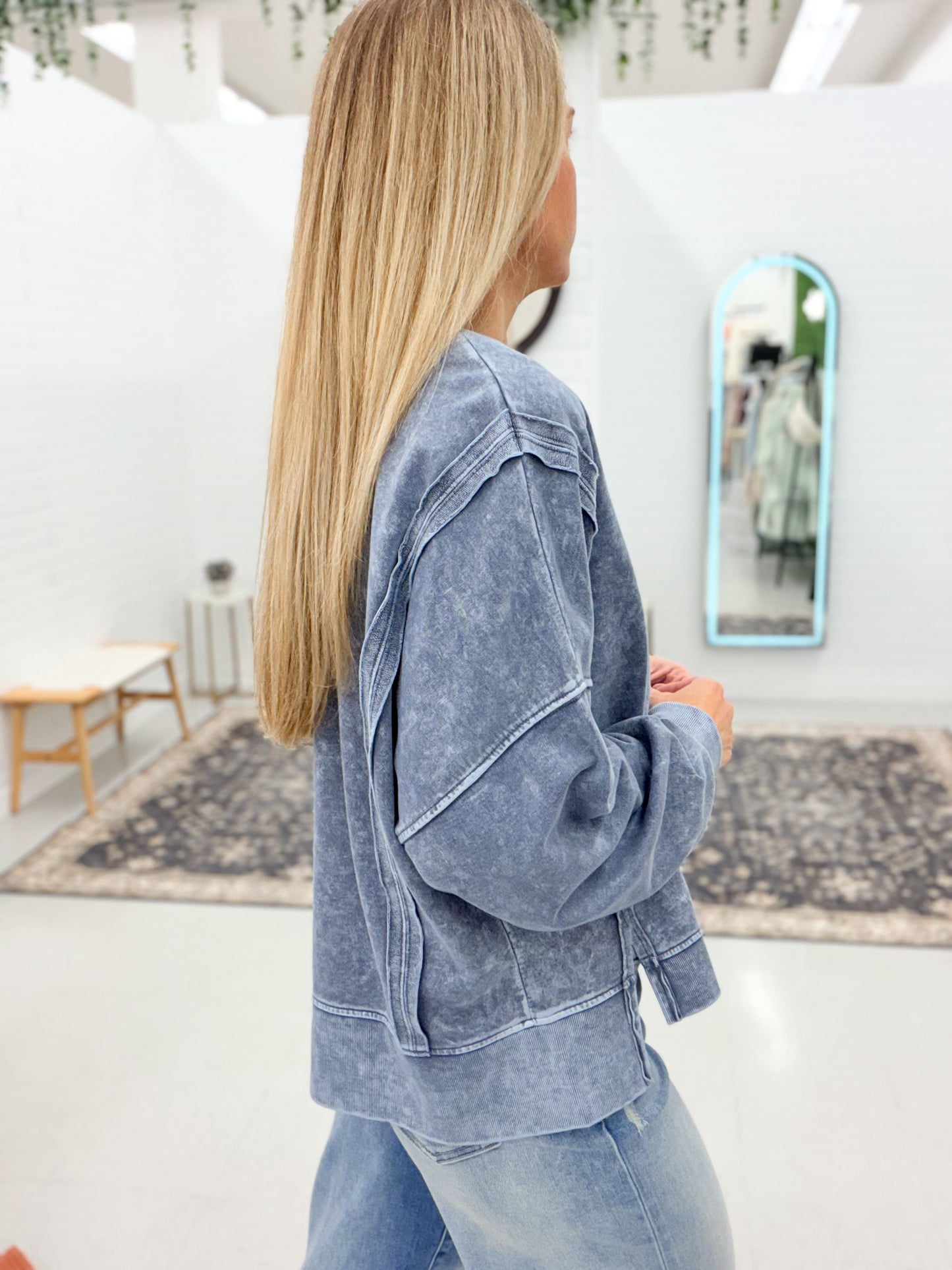 Her Brag Washed Long Sleeve Knit Top Indigo