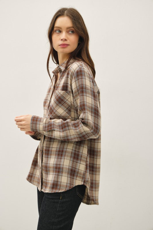 All We Need Button Down Plaid Shirt Brown/Tan