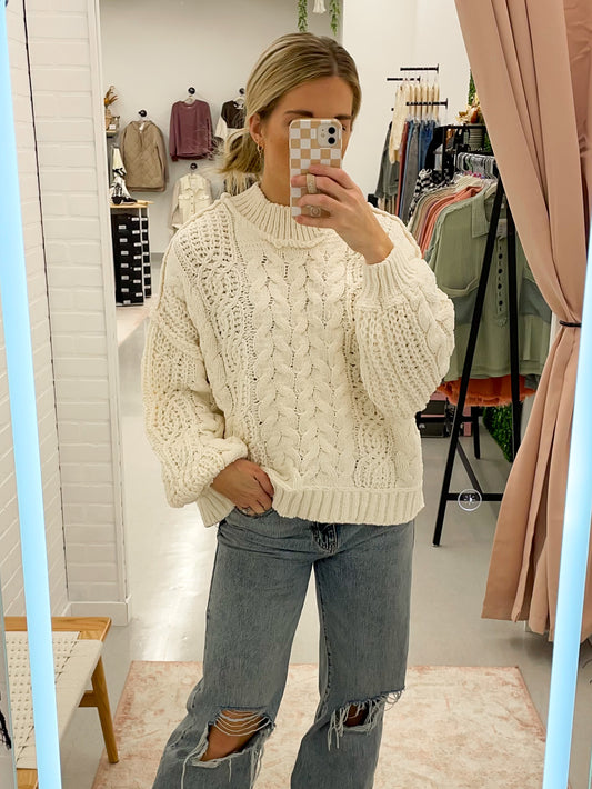 The Polly Mock Neck Cable Knit Sweater Cream