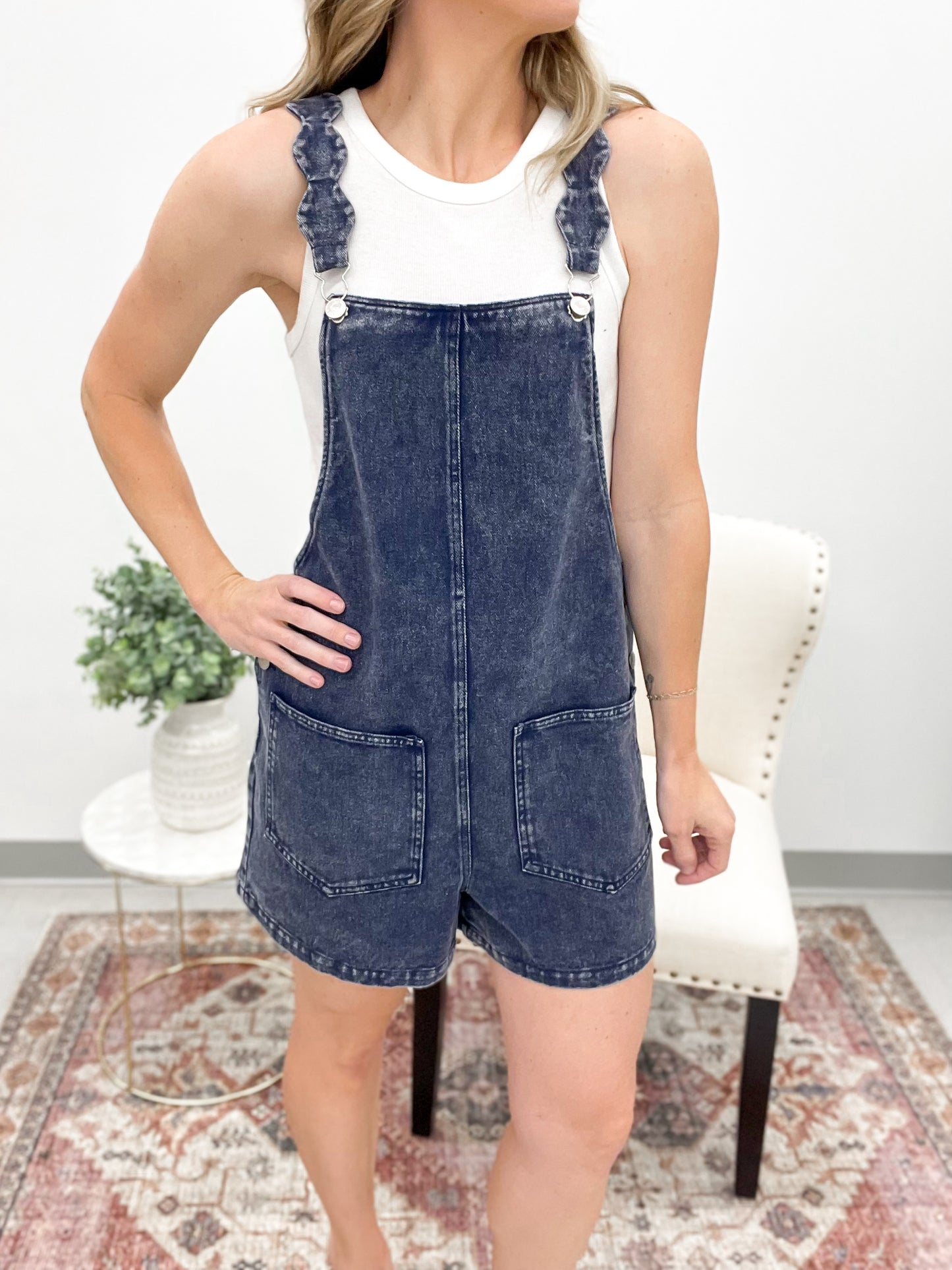 The Sophie Scallop Strap Shortalls Navy