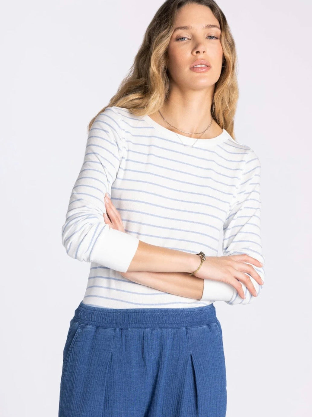 The Stacy Ribbed Top Ivory Blue Stripe