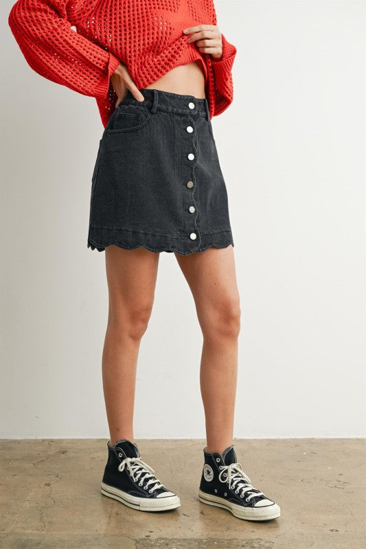 Starts With You Scallop Detail Button Denim Skirt Black