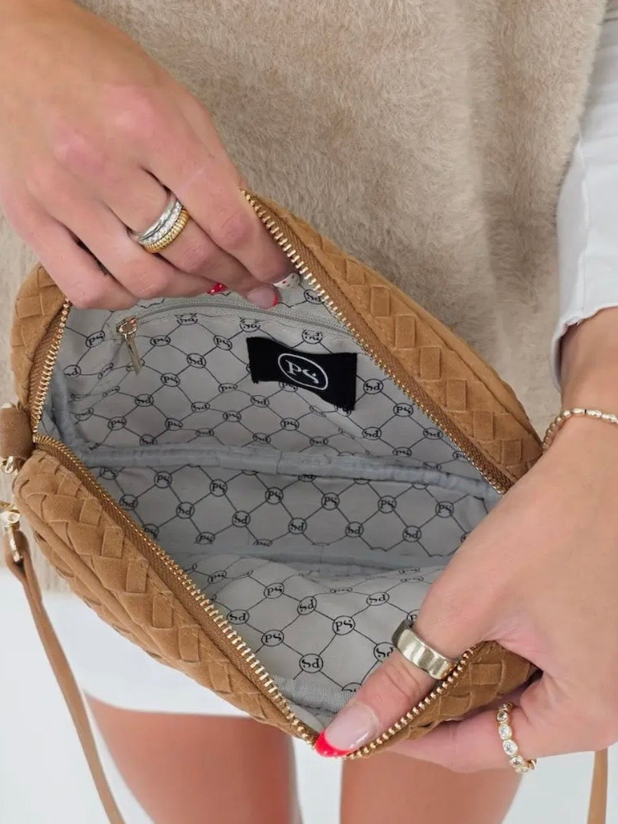 The Willow Woven Suede Crossbody Bag Taupe