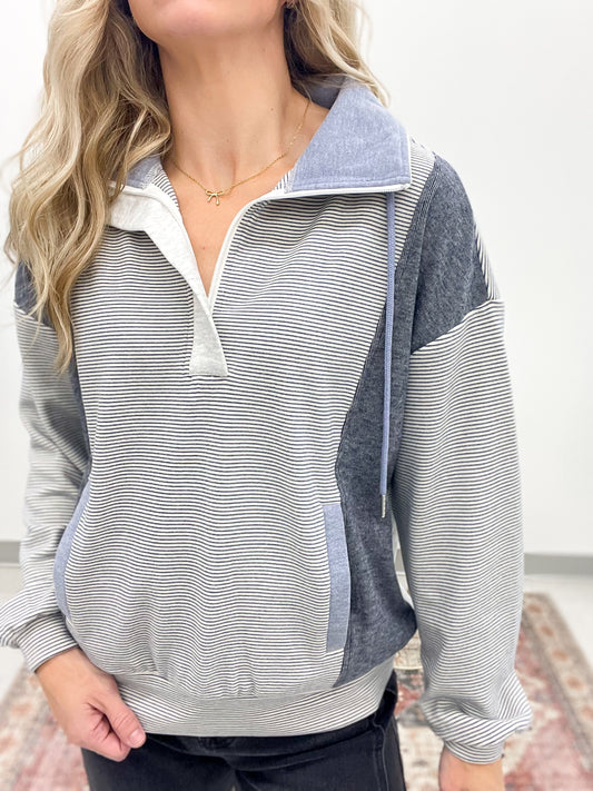 Could It Be Half Zip Striped Brush Pullover Denim